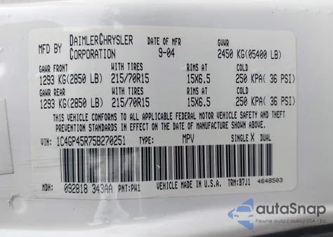 2005 Chrysler Town & Country из США, поврежденный, VIN 1C4GP45R75B270251